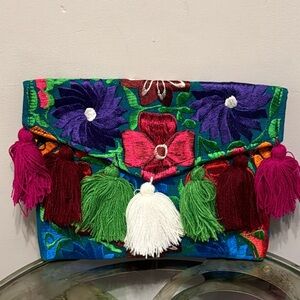 Oaxaca México Embroidered Multicolored Clutch/Crossbody With Tassels Handmade